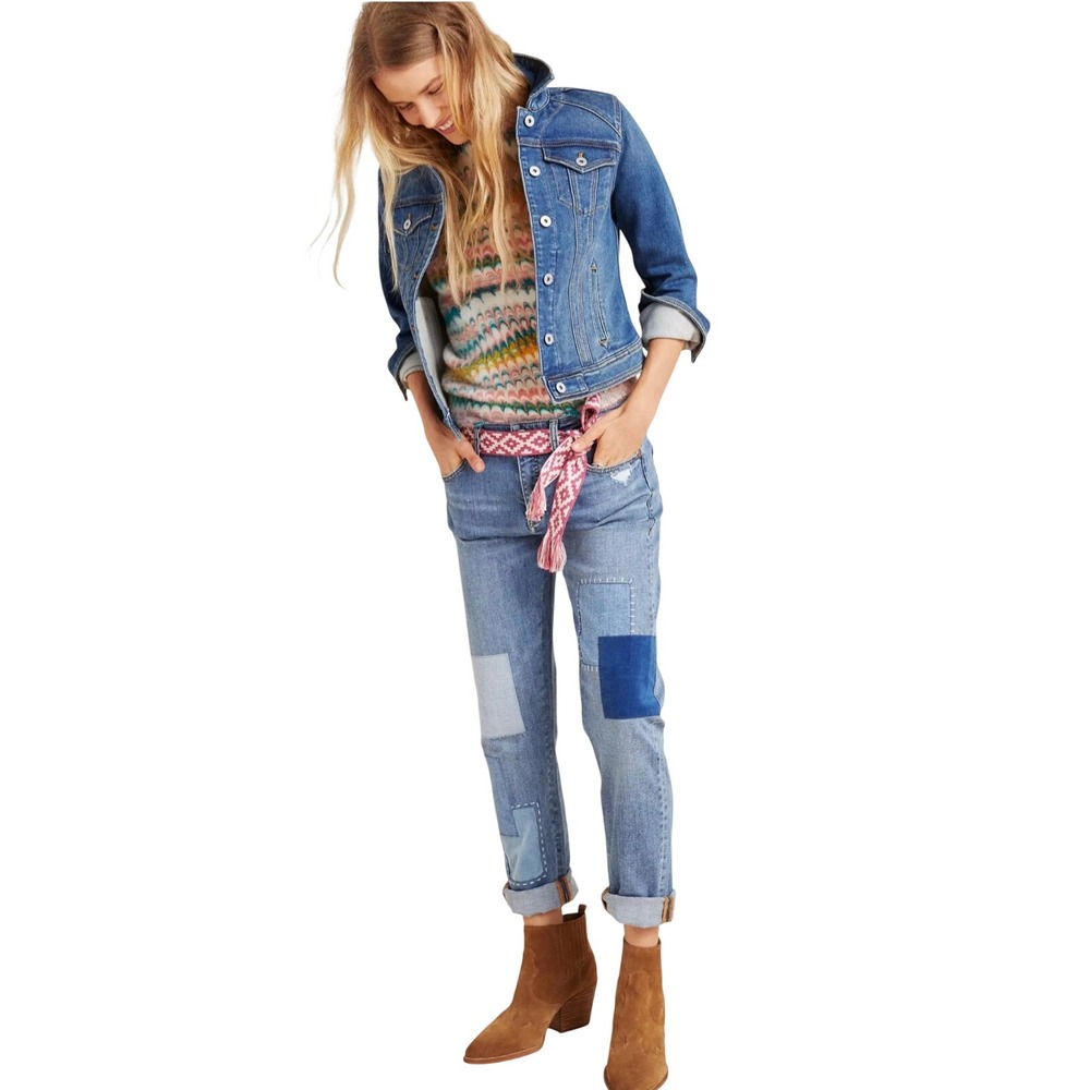 Pilcro Slim Boyfriend Patchwork Jeans Women 27 Blue Anthropologie Bohemian